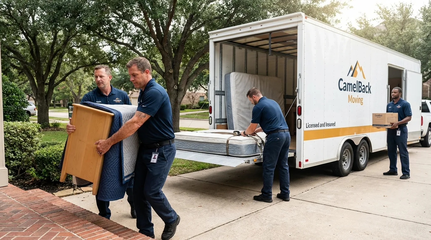 Crew loading residential truck for cross-state move from Garrison, ND