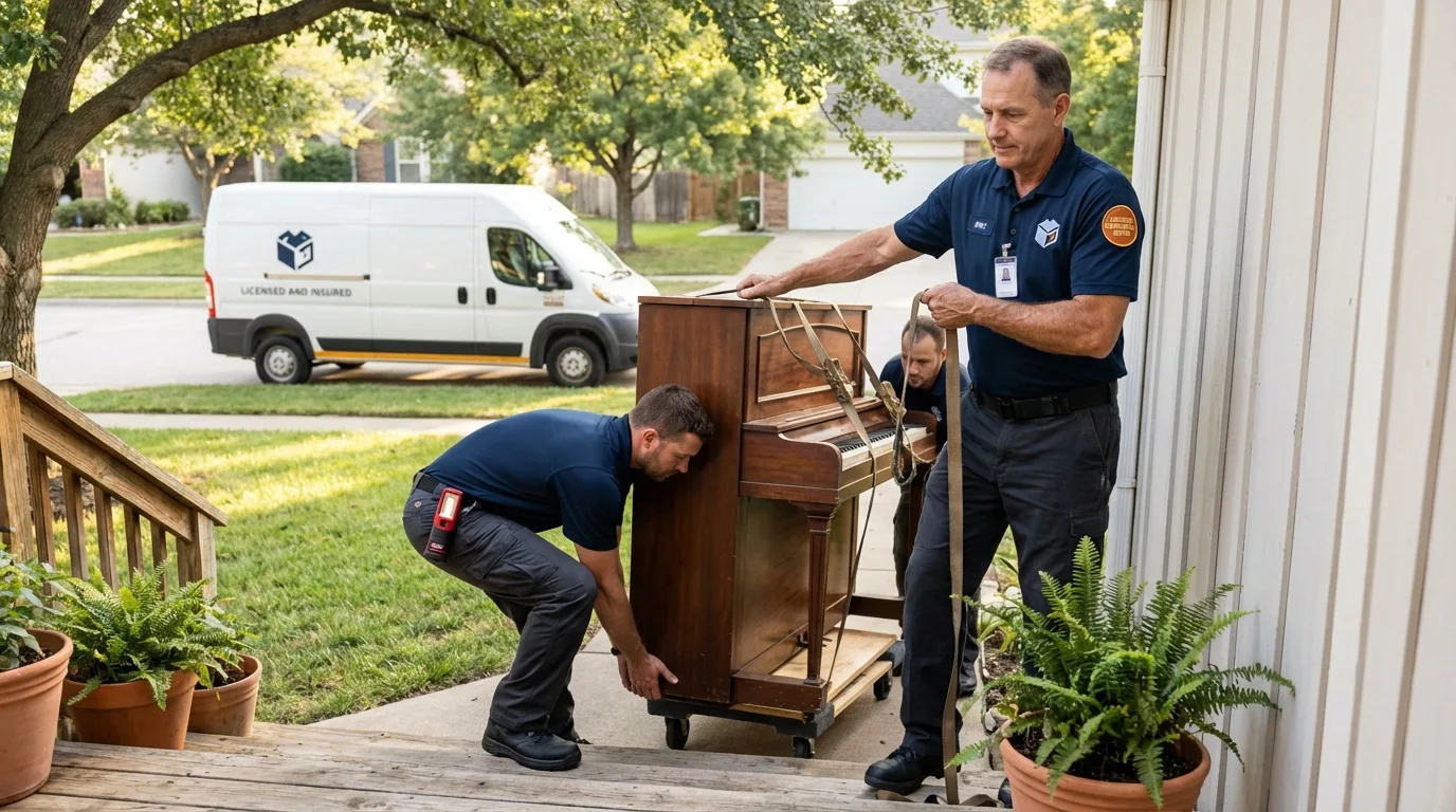 Licensed piano movers securing grand piano in Garrison, ND