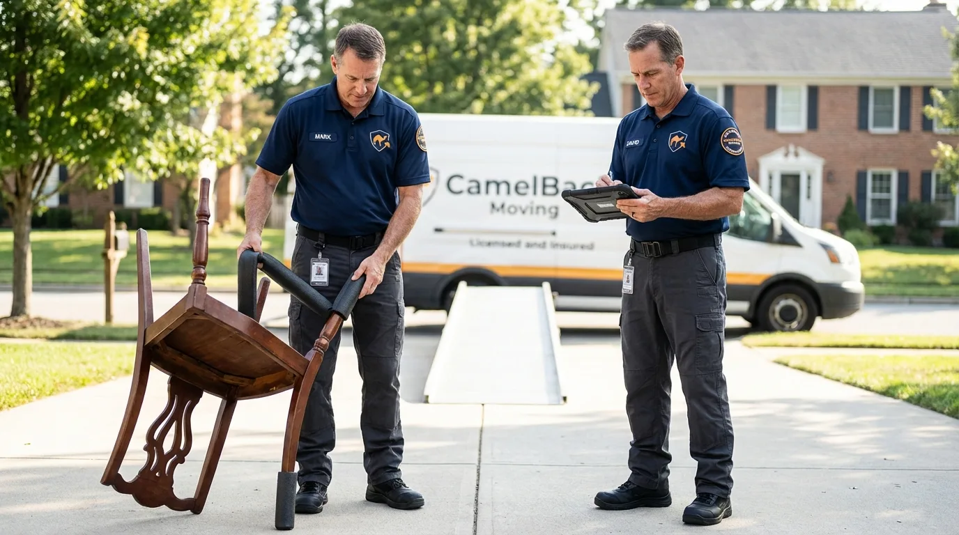 Movers inspecting furniture for damage prevention before loading in Garrison, ND