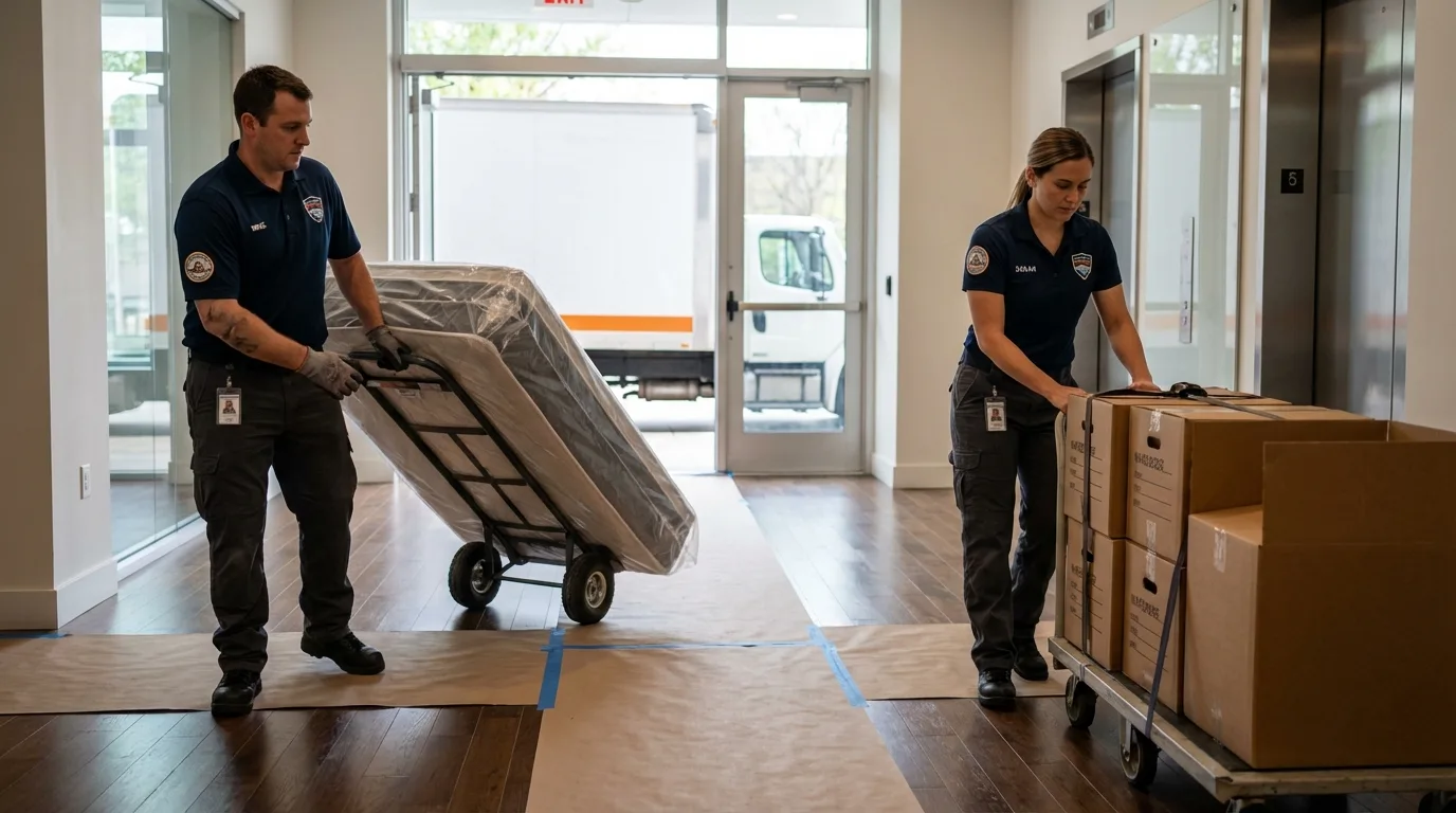Professional apartment movers loading elevator in Garrison, ND